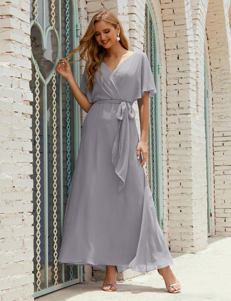 Vestido de dama de honra decote em V longo com cinto para 28022