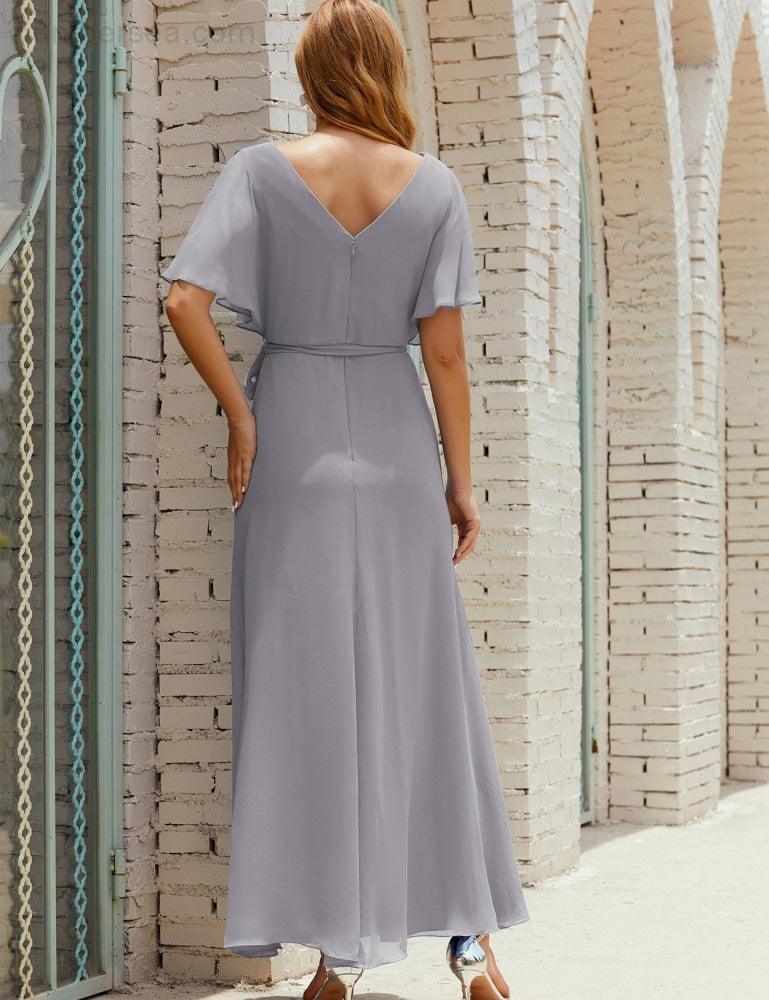 Vestido de dama de honra decote em V longo com cinto para 28022