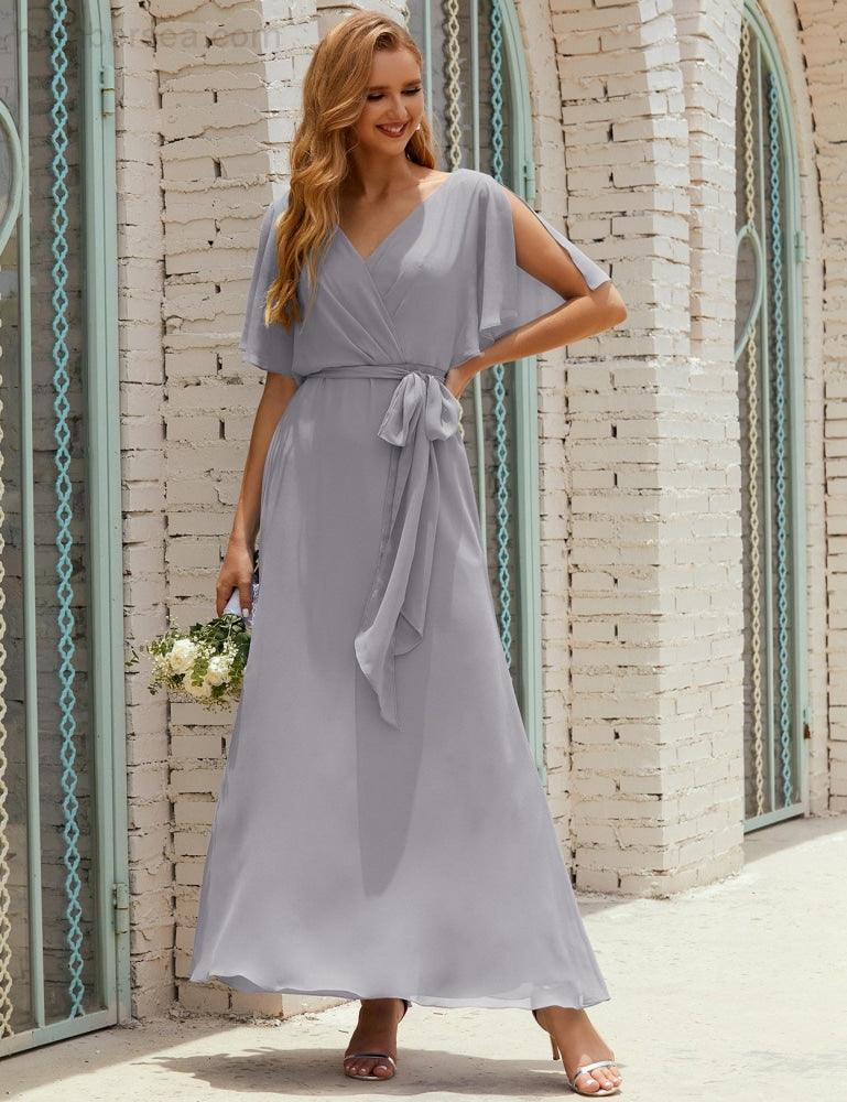 Vestido de dama de honra decote em V longo com cinto para 28022