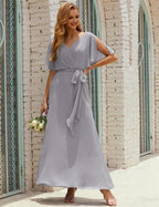 Vestido de dama de honra decote em V longo com cinto para 28022