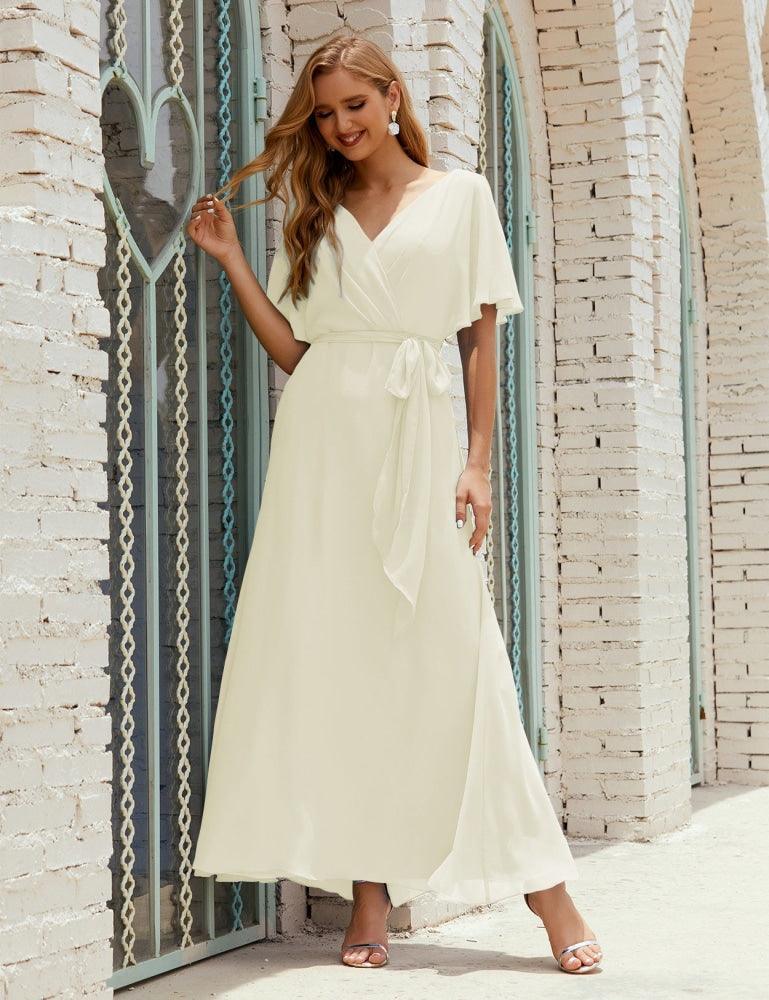 Vestido de dama de honra decote em V longo com cinto para 28022