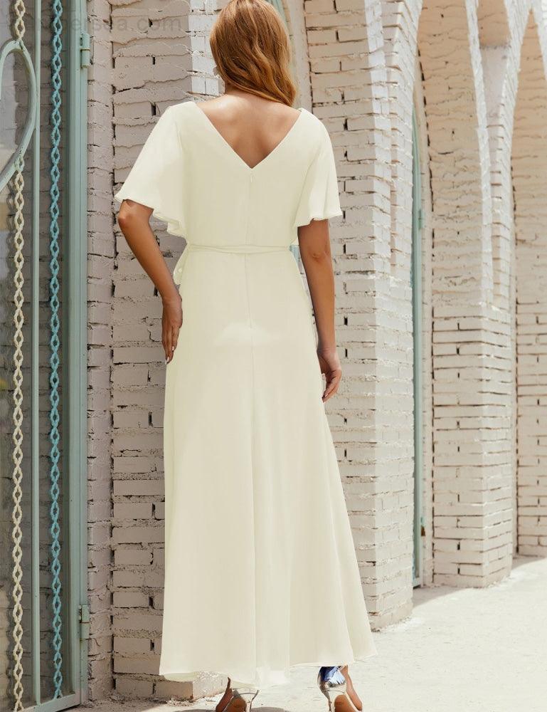 Vestido de dama de honra decote em V longo com cinto para 28022