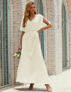Vestido de dama de honra decote em V longo com cinto para 28022