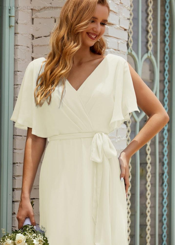 Vestido de dama de honra decote em V longo com cinto para 28022