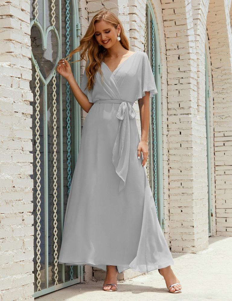 Vestido de dama de honra decote em V longo com cinto para 28022