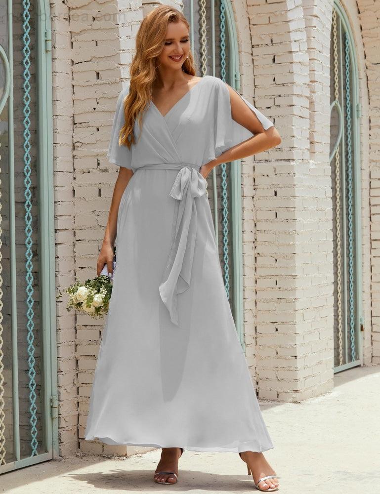 Vestido de dama de honra decote em V longo com cinto para 28022