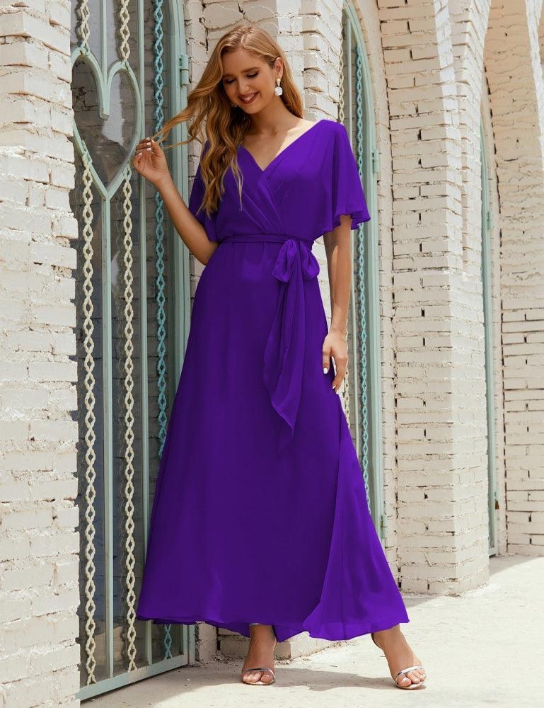 Vestido de dama de honra decote em V longo com cinto para 28022