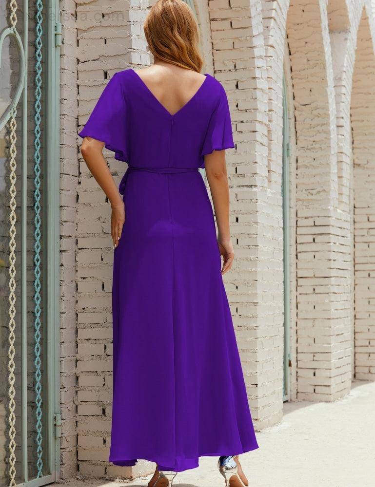 Vestido de dama de honra decote em V longo com cinto para 28022
