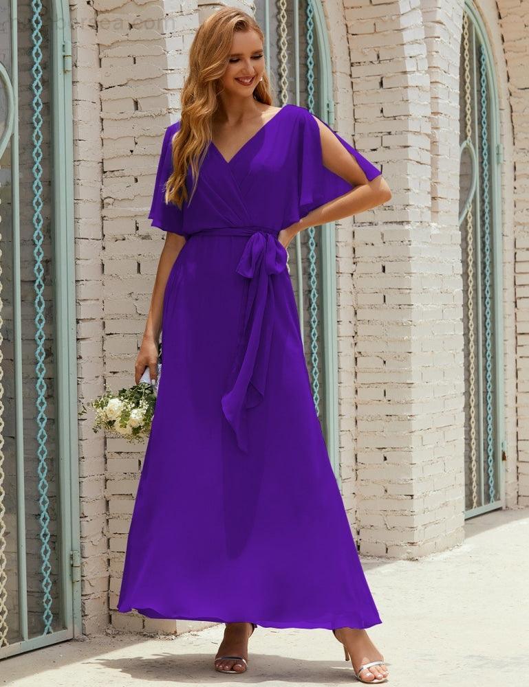 Vestido de dama de honra decote em V longo com cinto para 28022