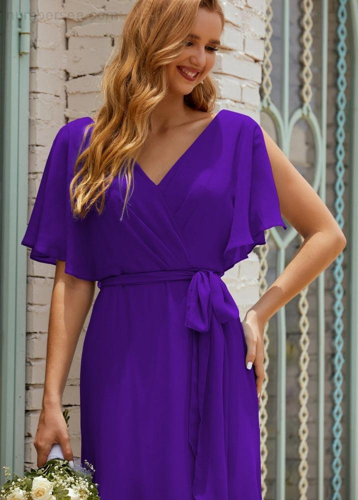 Vestido de dama de honra decote em V longo com cinto para 28022