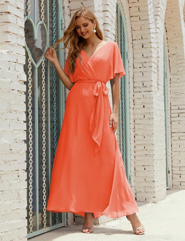Vestido de dama de honra decote em V longo com cinto para 28022