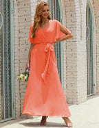 Vestido de dama de honra decote em V longo com cinto para 28022