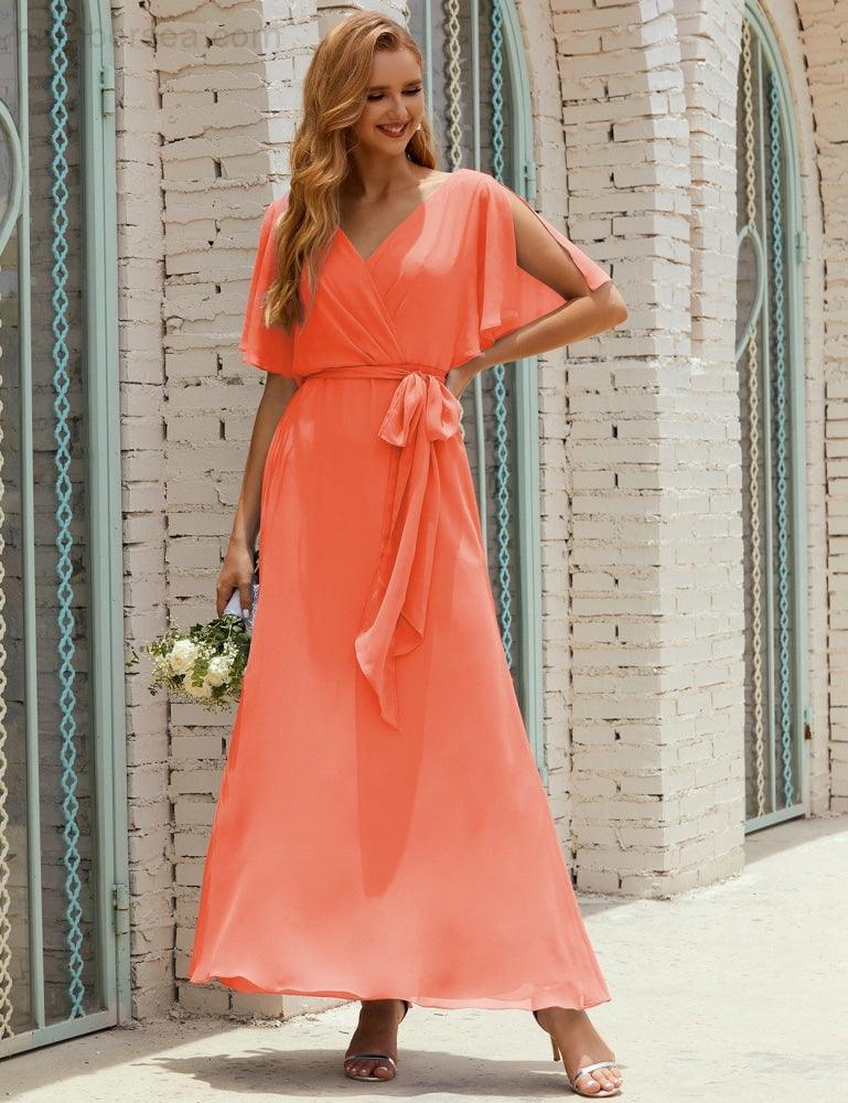 Vestido de dama de honra decote em V longo com cinto para 28022