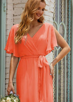 Vestido de dama de honra decote em V longo com cinto para 28022