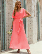 Vestido de dama de honra decote em V longo com cinto para 28022