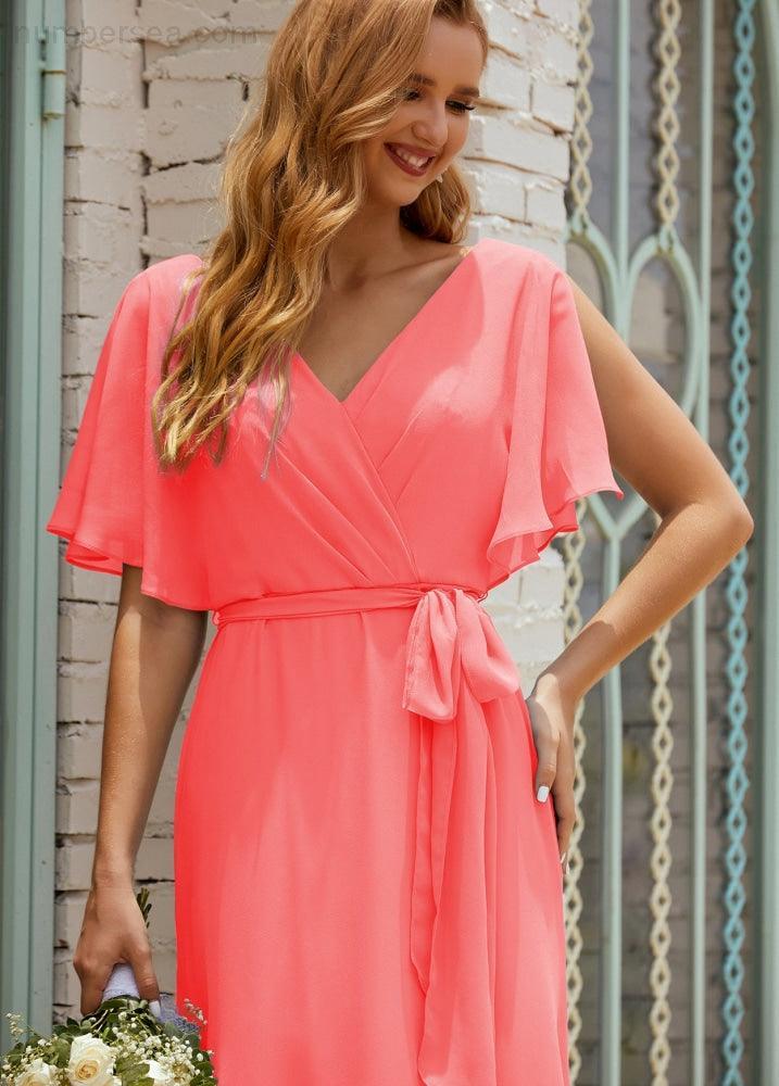Vestido de dama de honra decote em V longo com cinto para 28022