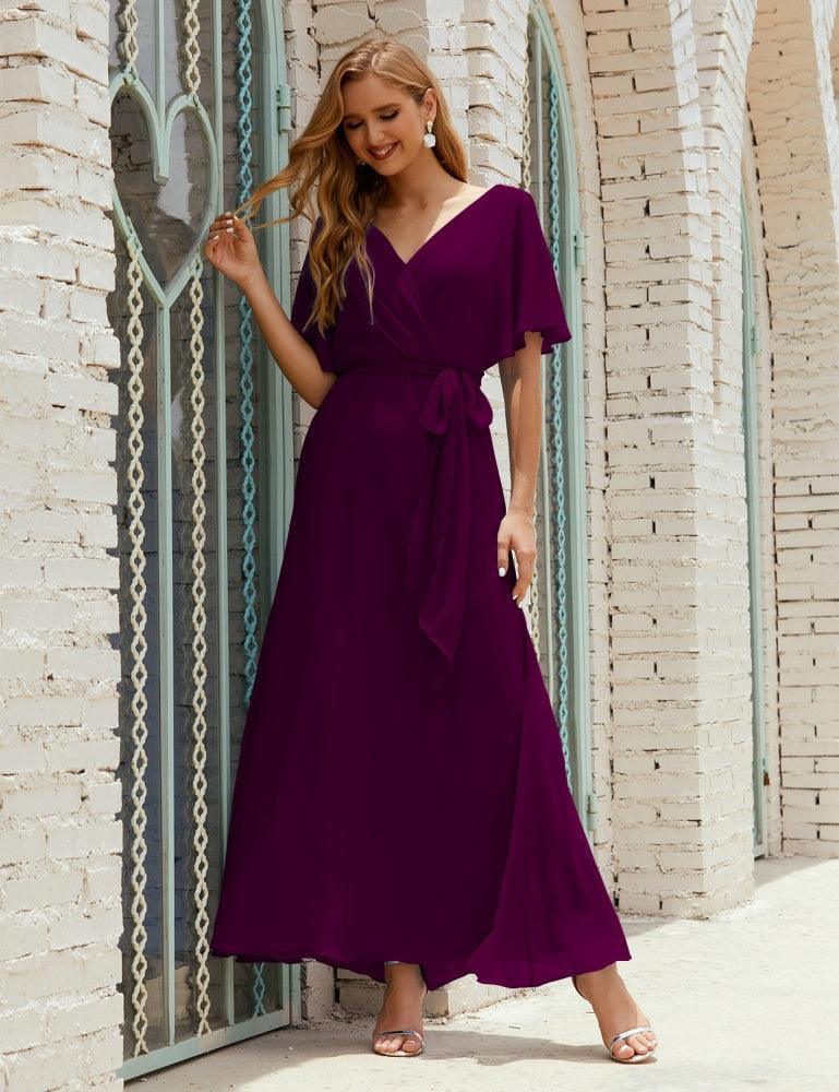 Vestido de dama de honra decote em V longo com cinto para 28022