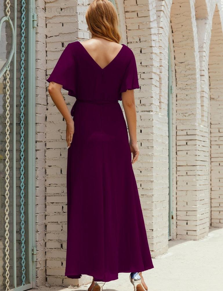Vestido de dama de honra decote em V longo com cinto para 28022
