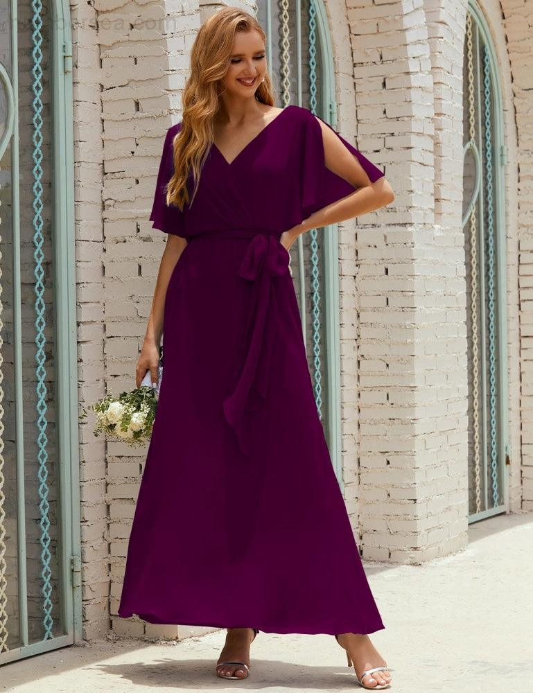 Vestido de dama de honra decote em V longo com cinto para 28022