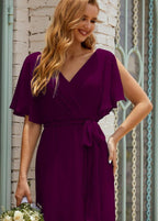 Vestido de dama de honra decote em V longo com cinto para 28022