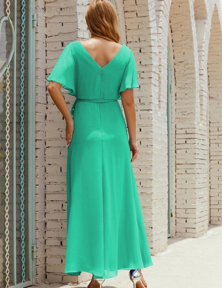 Vestido de dama de honra decote em V longo com cinto para 28022