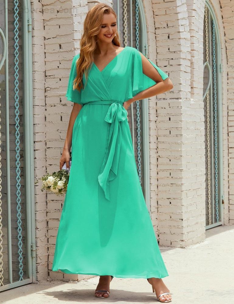 Vestido de dama de honra decote em V longo com cinto para 28022