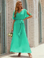Vestido de dama de honra decote em V longo com cinto para 28022