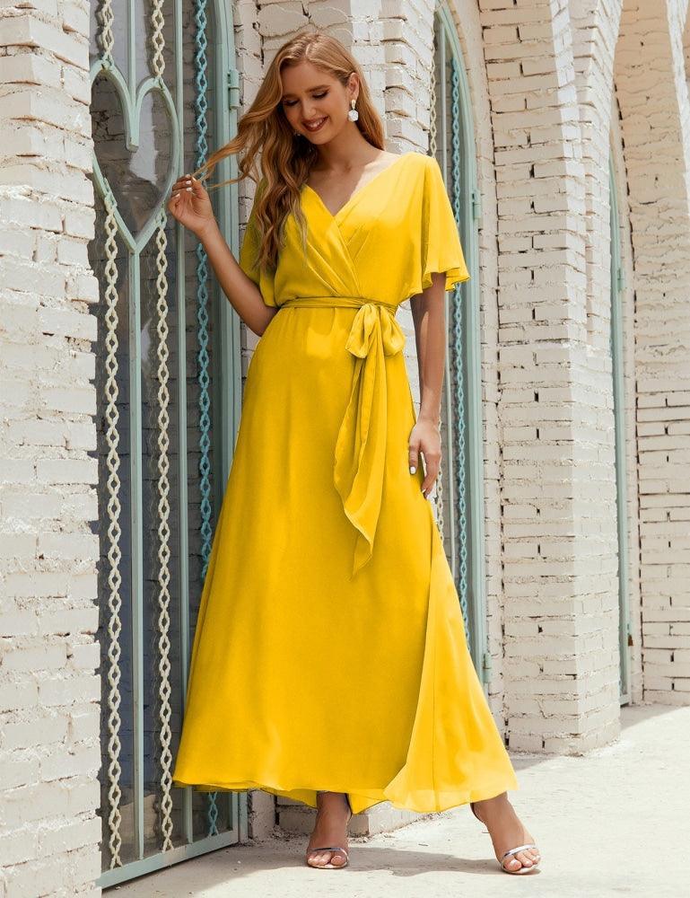 Vestido de dama de honra decote em V longo com cinto para 28022