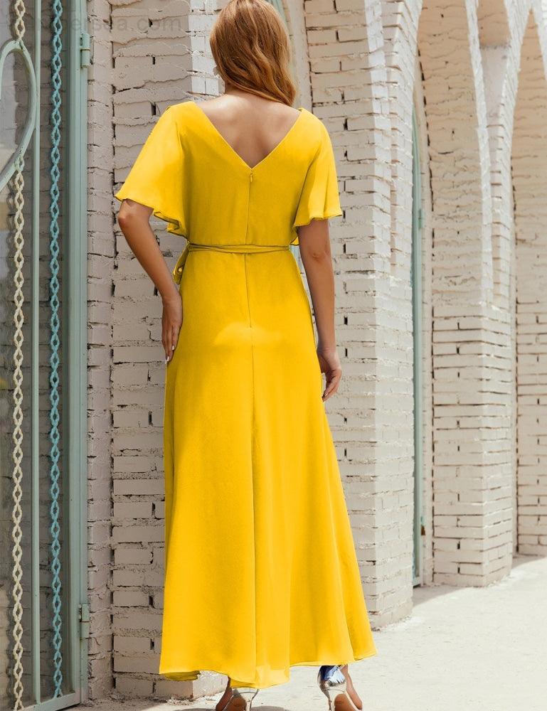 Vestido de dama de honra decote em V longo com cinto para 28022
