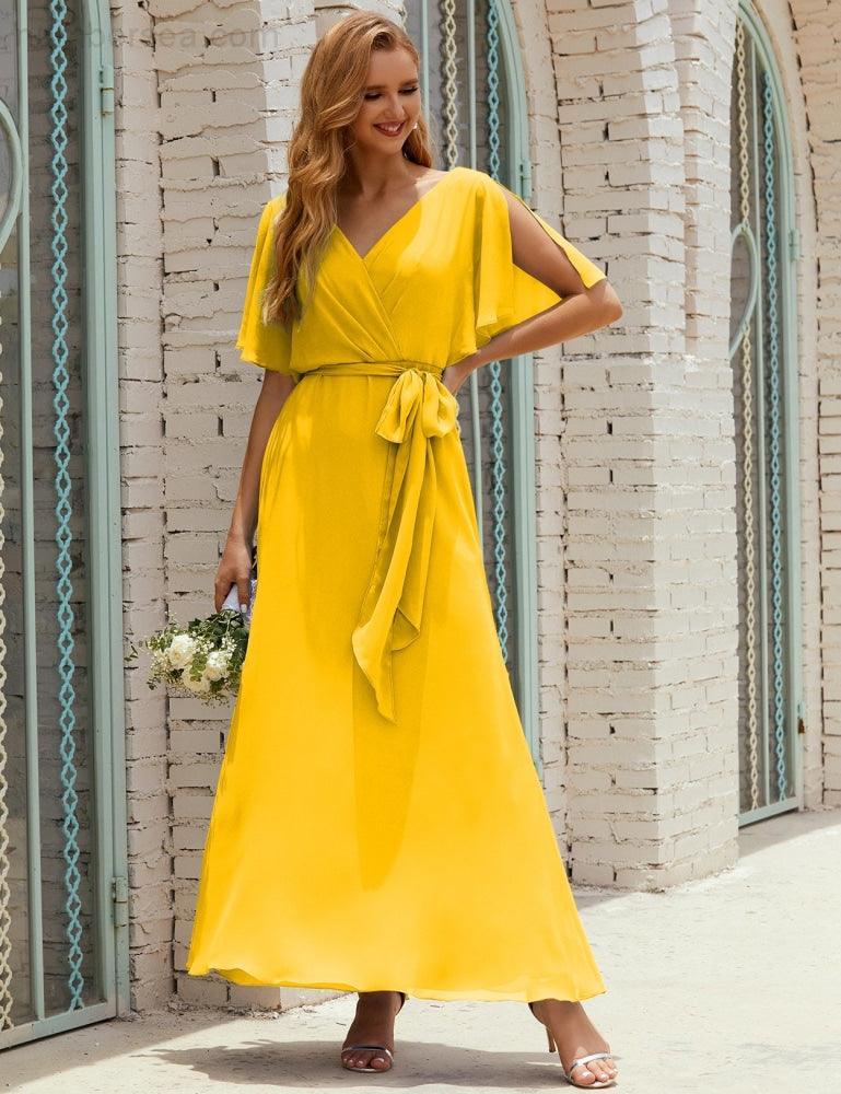 Vestido de dama de honra decote em V longo com cinto para 28022