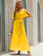 Vestido de dama de honra decote em V longo com cinto para 28022