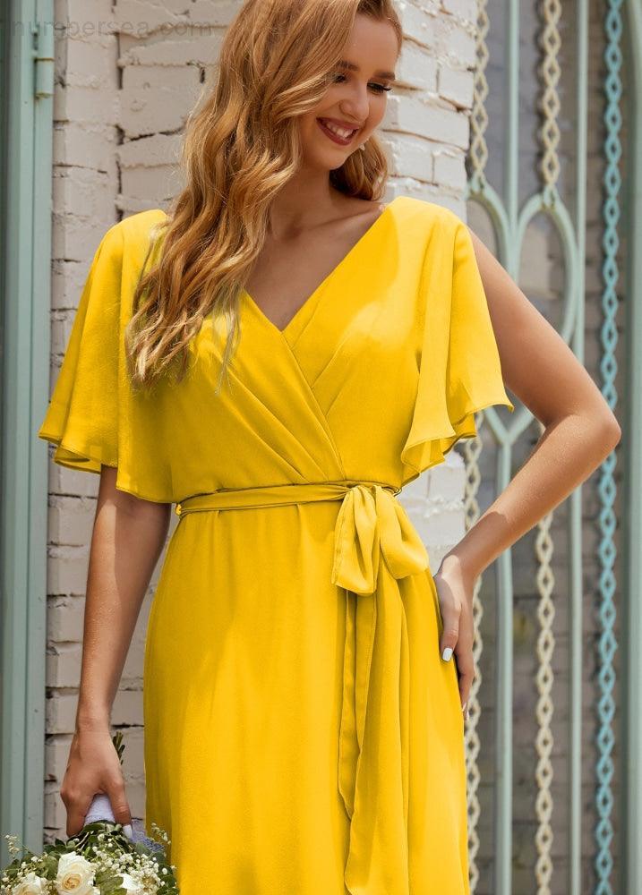 Vestido de dama de honra decote em V longo com cinto para 28022