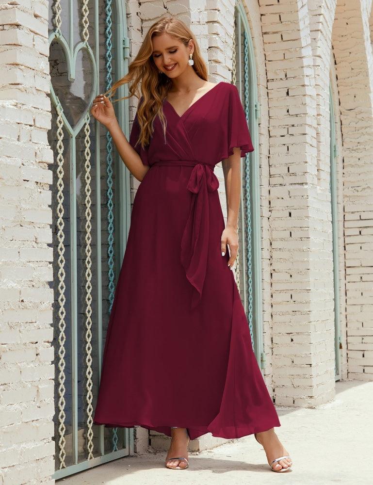 Vestido de dama de honra decote em V longo com cinto para 28022