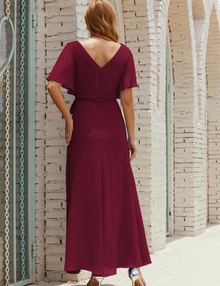 Vestido de dama de honra decote em V longo com cinto para 28022
