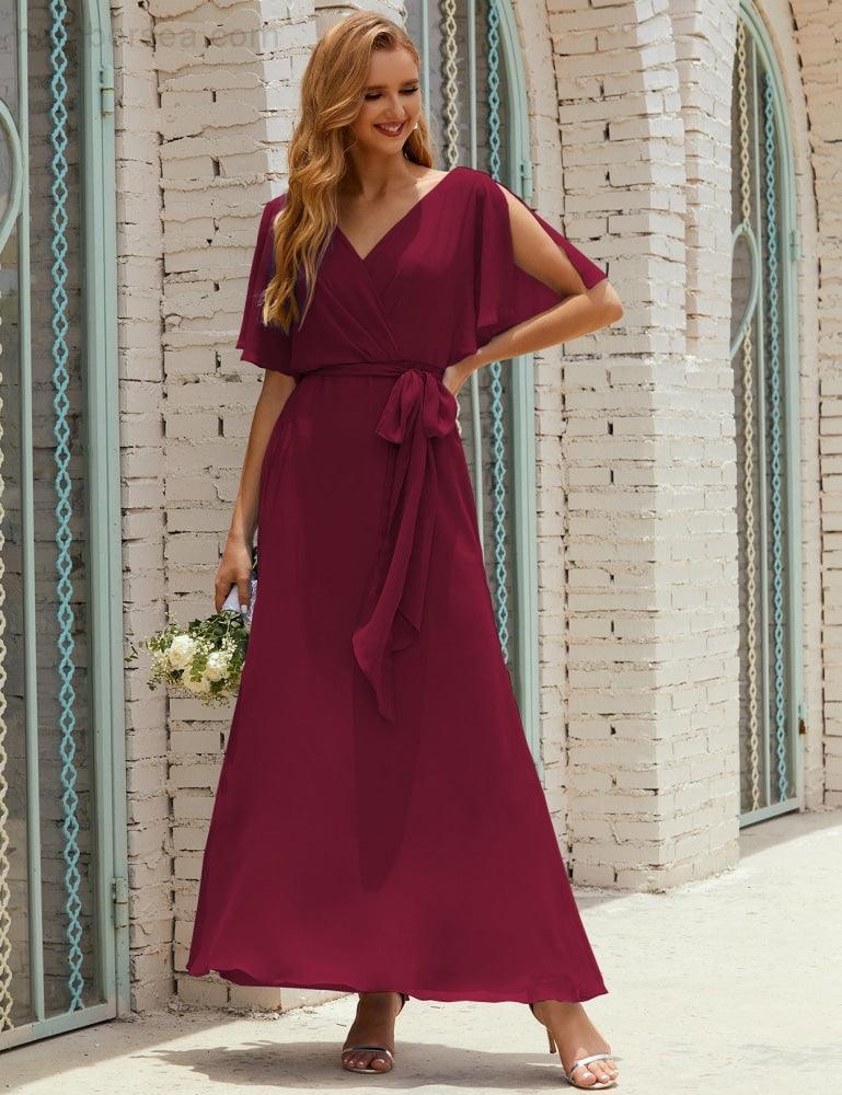 Vestido de dama de honra decote em V longo com cinto para 28022