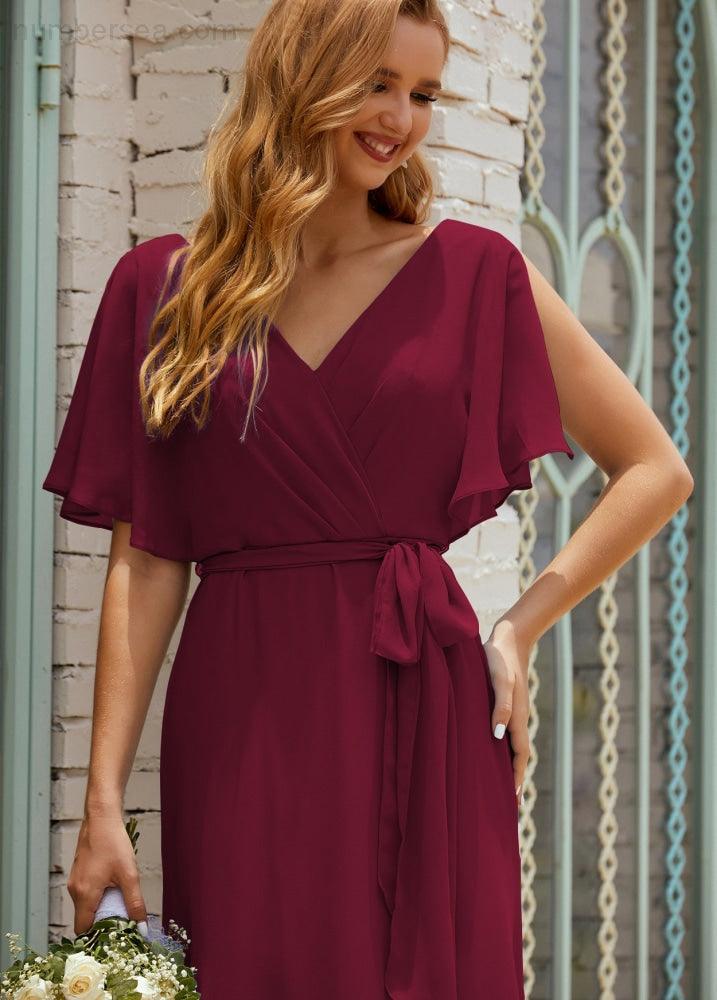 Vestido de dama de honra decote em V longo com cinto para 28022