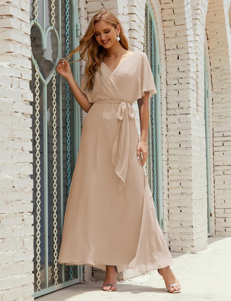 Vestido de dama de honra decote em V longo com cinto para 28022