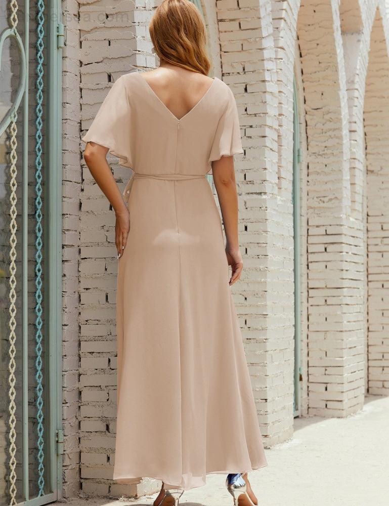Vestido de dama de honra decote em V longo com cinto para 28022
