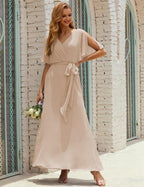 Vestido de dama de honra decote em V longo com cinto para 28022