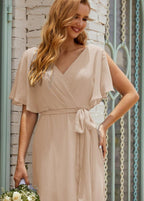 Vestido de dama de honra decote em V longo com cinto para 28022