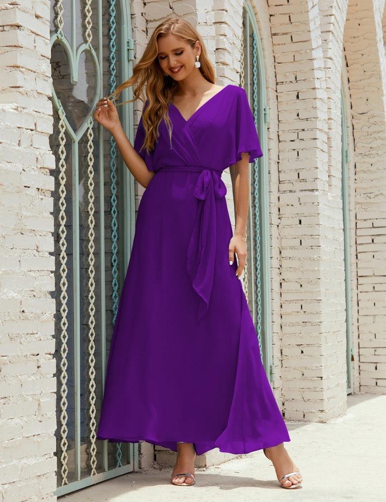 Vestido de dama de honra decote em V longo com cinto para 28022