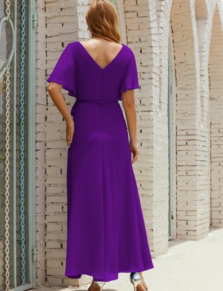 Vestido de dama de honra decote em V longo com cinto para 28022