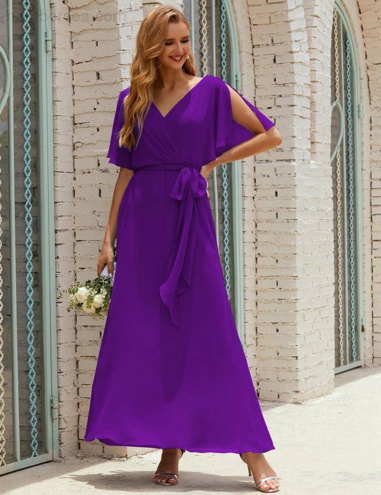 Vestido de dama de honra decote em V longo com cinto para 28022