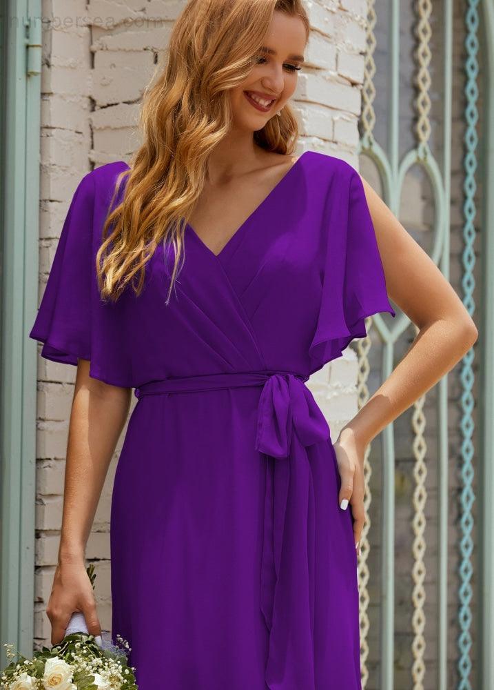 Vestido de dama de honra decote em V longo com cinto para 28022