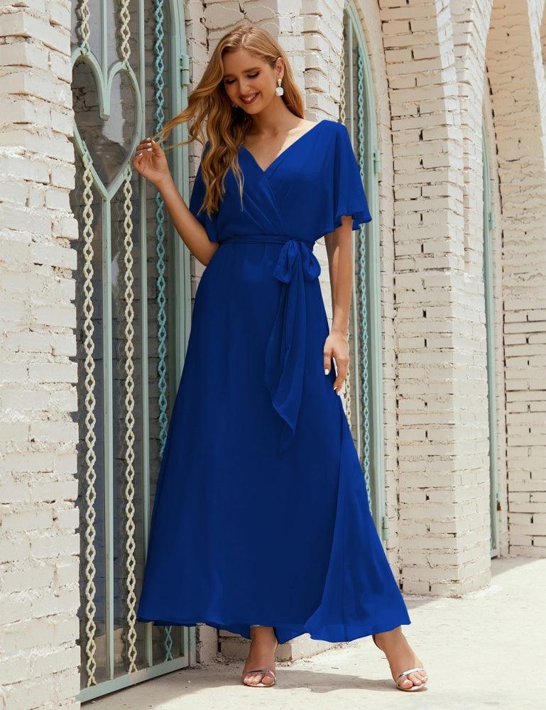 Vestido de dama de honra decote em V longo com cinto para 28022