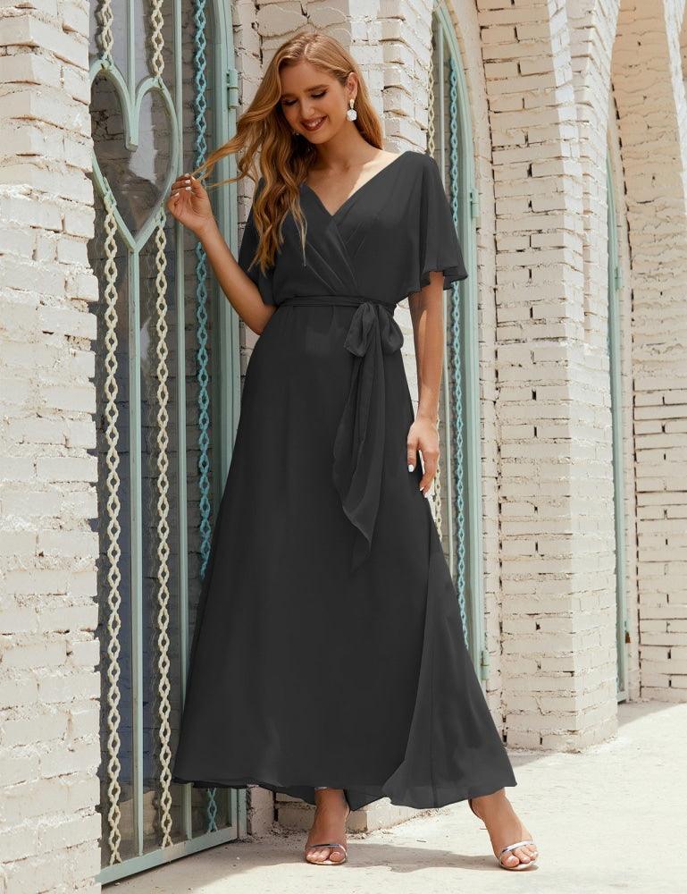 Vestido de dama de honra decote em V longo com cinto para 28022