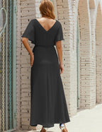 Vestido de dama de honra decote em V longo com cinto para 28022