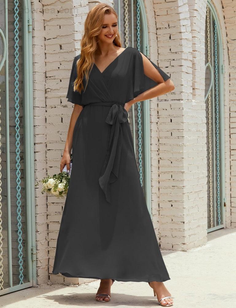 Vestido de dama de honra decote em V longo com cinto para 28022