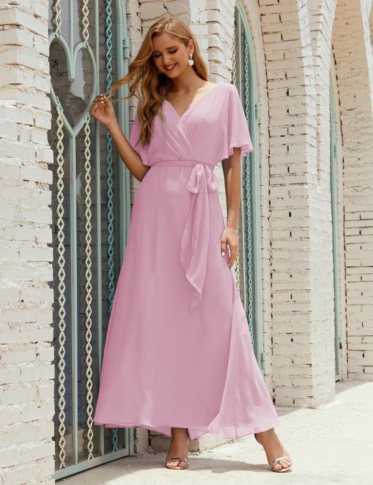Vestido de dama de honra decote em V longo com cinto para 28022