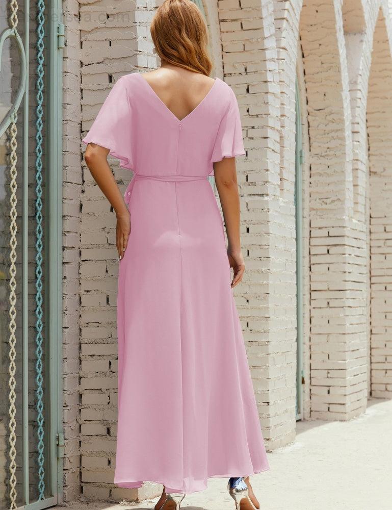 Vestido de dama de honra decote em V longo com cinto para 28022